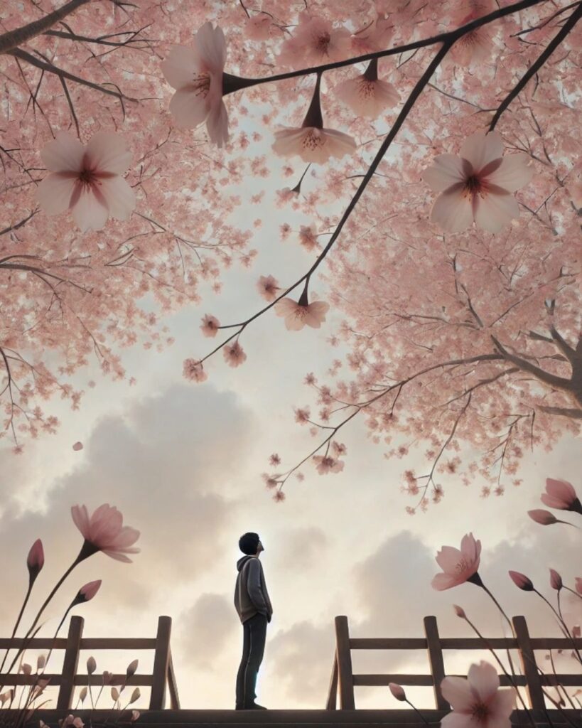 末吉俳句日記「咲きおいて　見上げる空よ　花曇り」俳句イメージ画像
