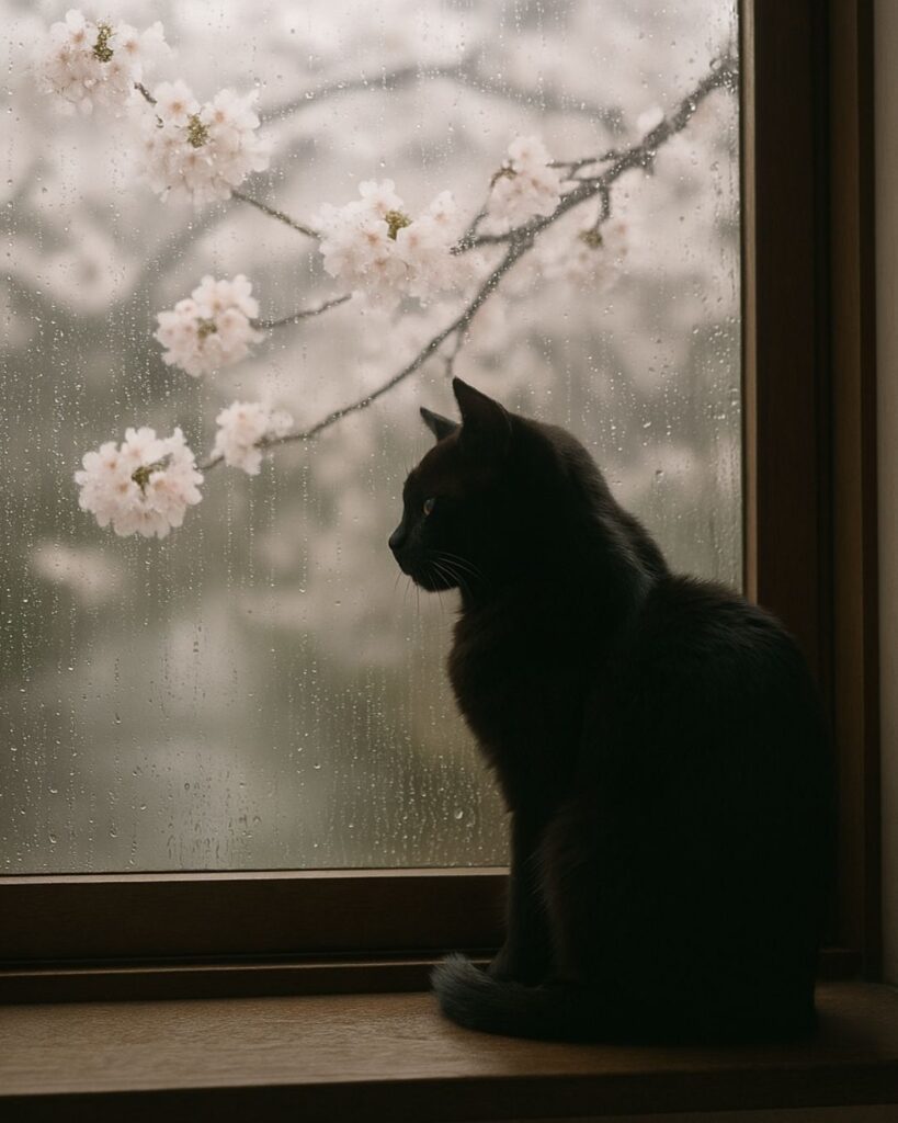 末吉俳句日記「春時雨 窓辺の猫と 花を見ゆ」俳句イメージ画像