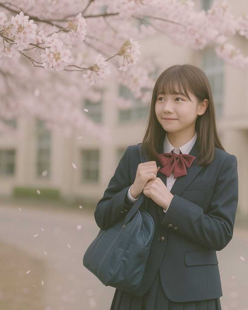 末吉俳句日記「校舎前 はにかむ君に 桜舞う」俳句イメージ画像