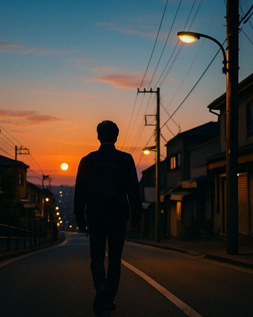 わたぼうし短歌帖「張りつめて 超えて一日の 帰り道
夕暮れ染みて 涙こぼるる」短歌イメージ画像