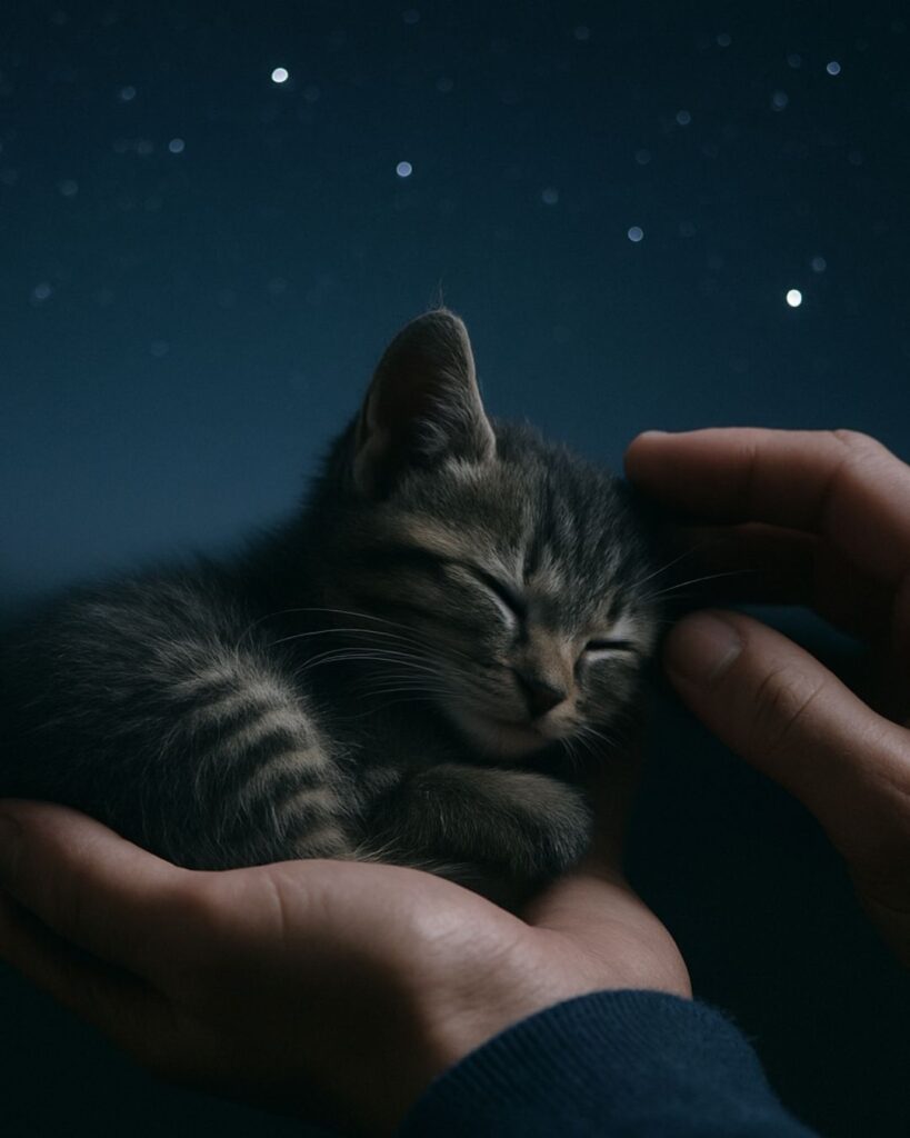 わたぼうし短歌帖「そっと撫で 眠る君へと ぬくもりに
「星になったんだね」と 夜空を見上ぐ」短歌イメージ画像