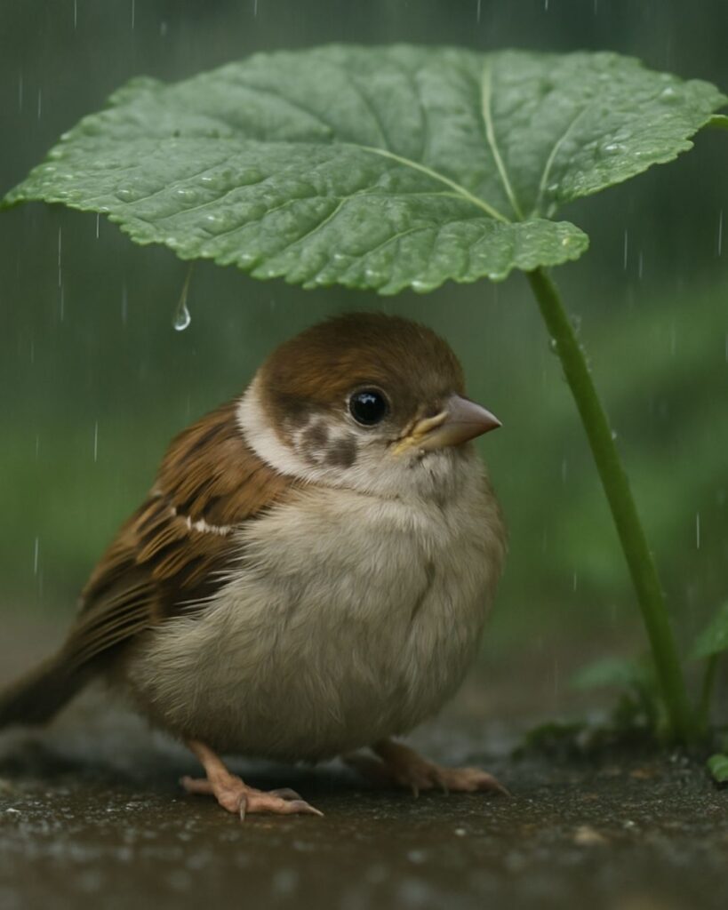 わたぼうし短歌帖「雨粒を のけて飛べぬと 鳴く雀
お腹すかせて 葉傘で待ちぬる」と 夜空を見上ぐ」短歌イメージ画像