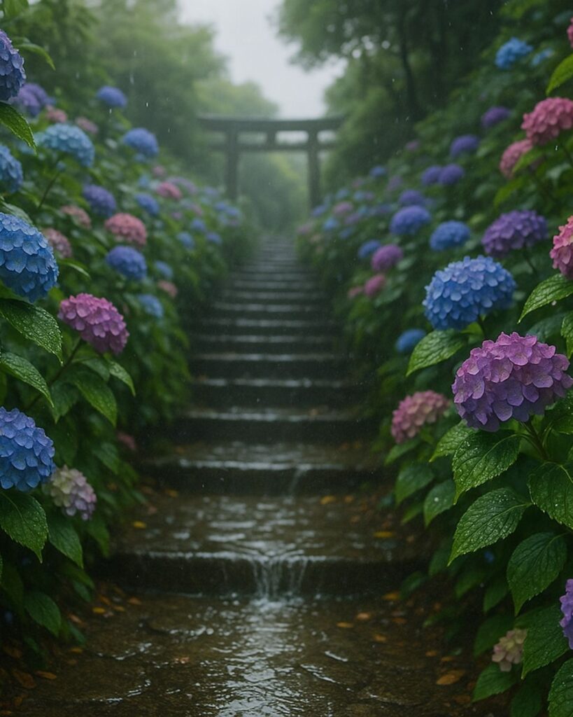 わたぼうし短歌帖「紫陽花の 艶に見惚れて 坂道を
転がる雫は 色とりどり」短歌イメージ画像