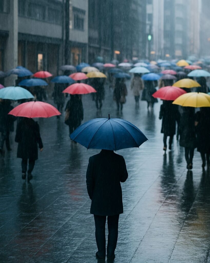 わたぼうし短歌帖「青時雨 行き交う街に 佇みて
我も染まらぬ 色傘ばかり」短歌イメージ画像