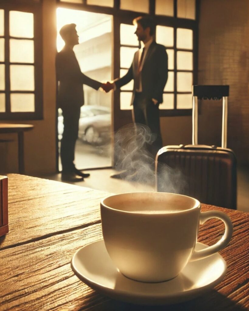 わたぼうし短歌帖「コーヒーの 香り淡くて 別れ際
「またな」の声も さびしさまじり」短歌イメージ画像