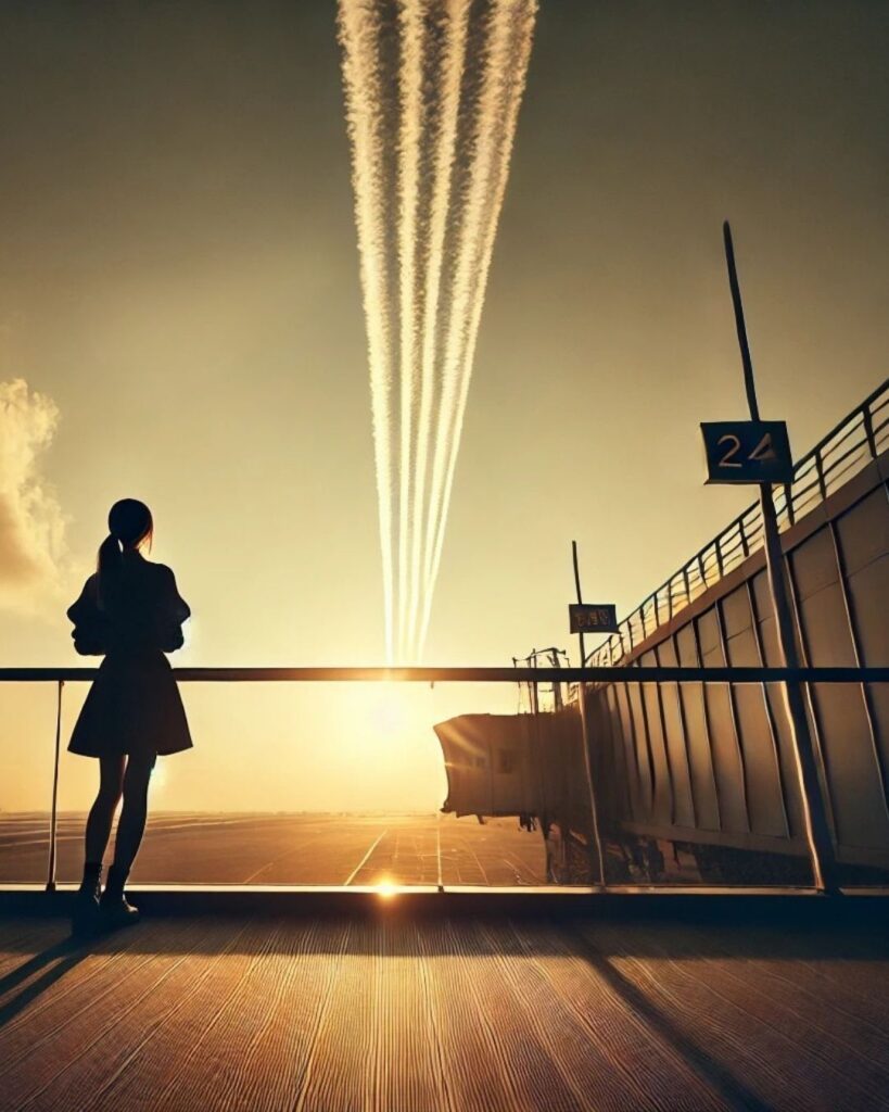 わたぼうし短歌帖「手をほどく 飛行機雲の 白さだけ
見送る君の 影がゆれてる」短歌イメージ画像