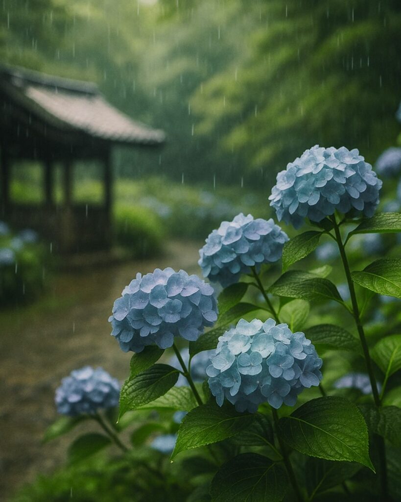 末吉俳句日記「紫陽花や　雨音ひそかに　七変化」俳句イメージ画像