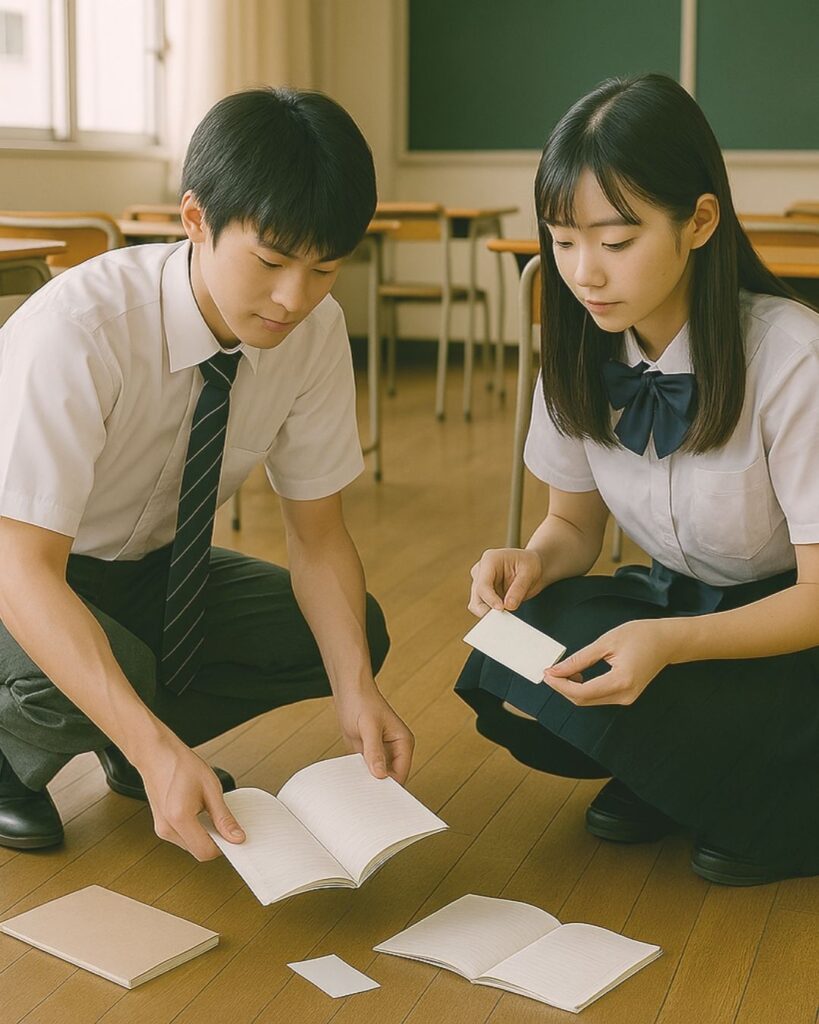 わたぼうし短歌帖「すれちがい 重ねぬ視線 ちらと見て
拾うノートに そっと紙片を」短歌イメージ画像
