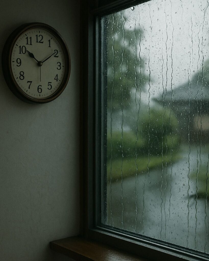 わたぼうし短歌帖「秒針が 逆さに動いて そのままに
今日の心は 雨音かぞえ」短歌イメージ画像