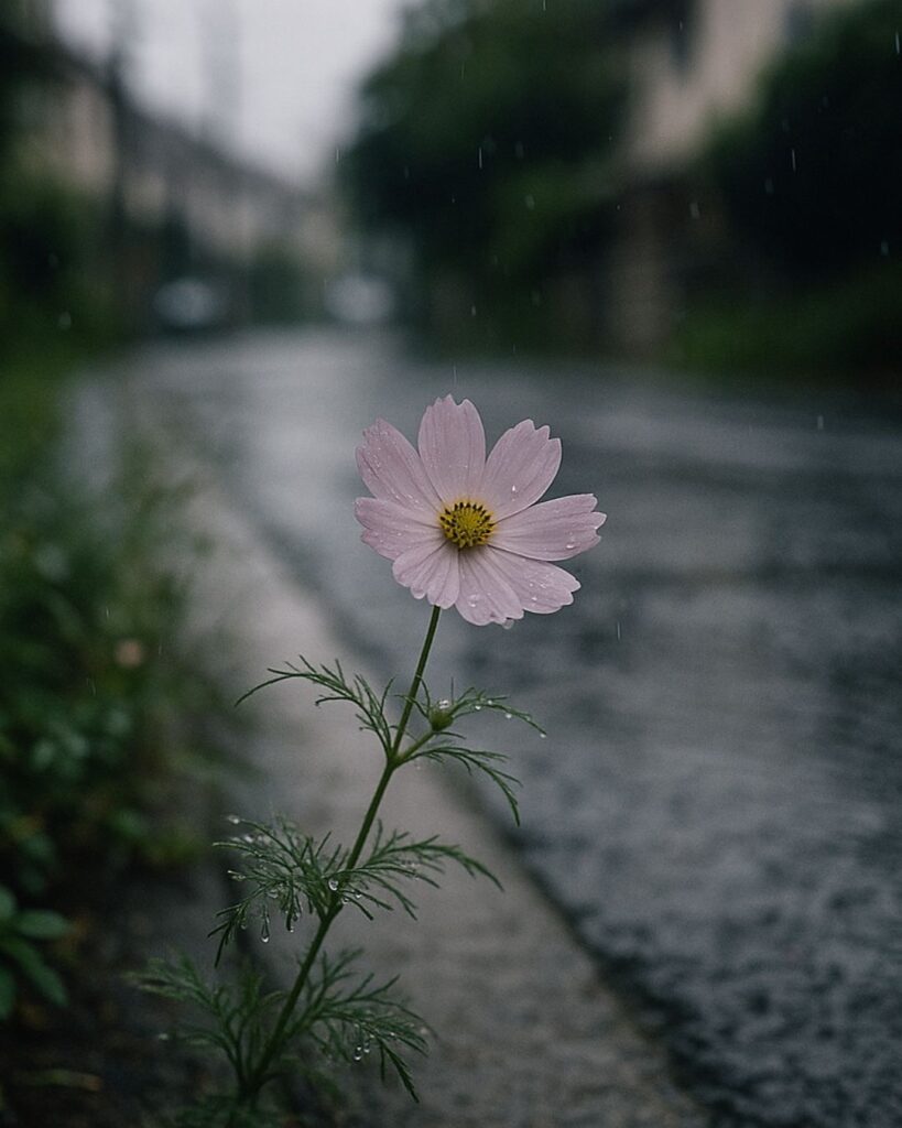 わたぼうし短歌帖「道ばたに　ことばを知らぬ　花ひとつ
しずくに揺れて　雨にほほえむ」短歌イメージ画像