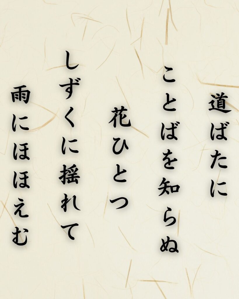 わたぼうし短歌帖「道ばたに　ことばを知らぬ　花ひとつ
しずくに揺れて　雨にほほえむ」短歌テキスト画像