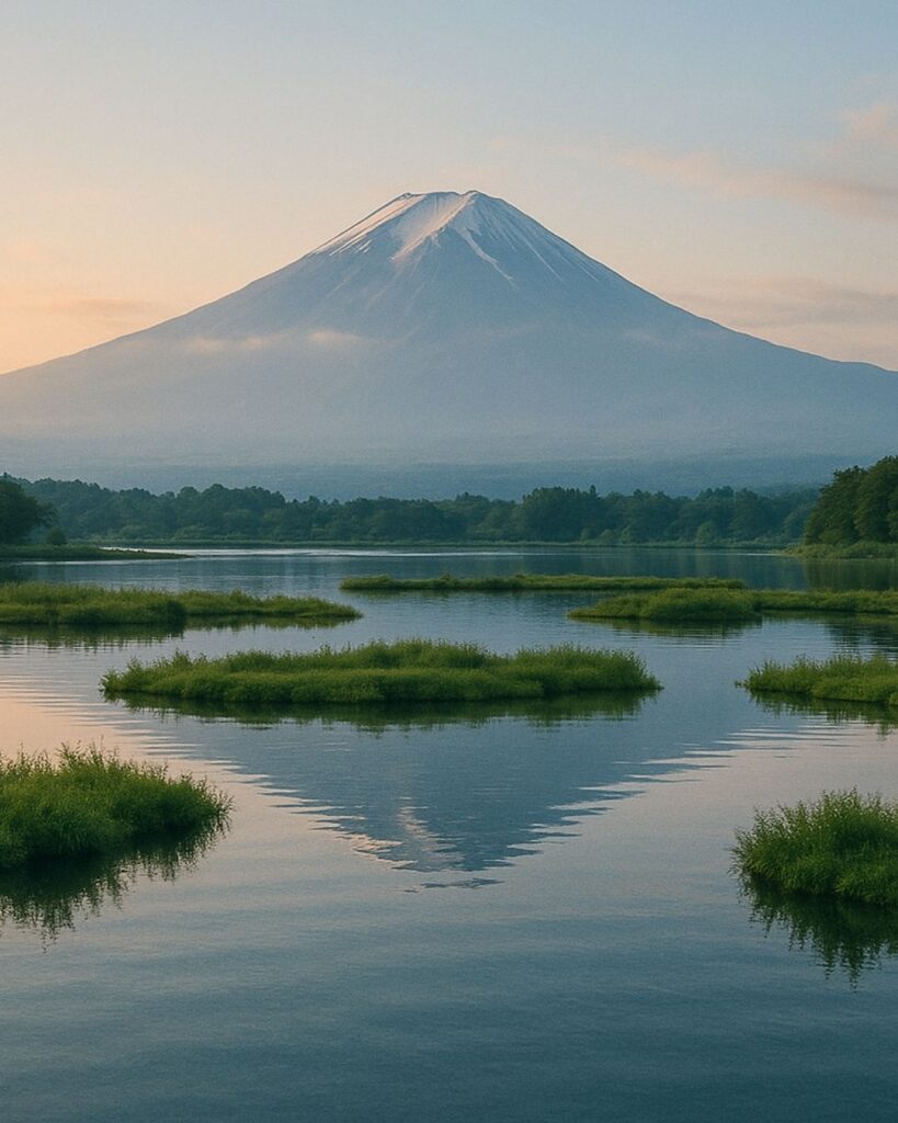 わたぼうし短歌帖「風おりて　そよぐ水面は　八海の
霊峰の目覚め　今、開かれん」短歌イメージ画像
