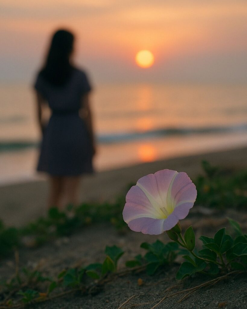 わたぼうし短歌帖「にぎわいの まぎれもせずに 昼顔よ
さみしくないと 夕凪に染む」短歌イメージ画像