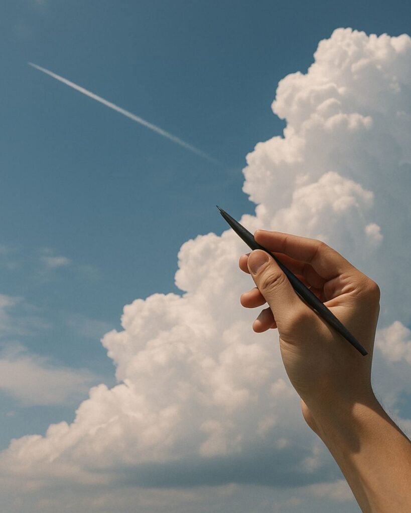 わたぼうし短歌帖「入道の うねるかたわら すじひとつ
白紙に描く 空の出来事」短歌イメージ画像