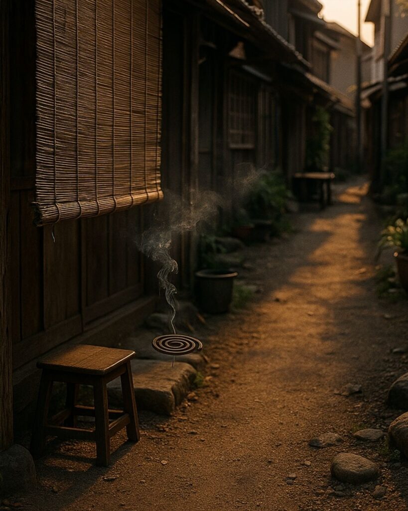 わたぼうし短歌帖「すだれ越し　蚊取りの煙　たゆたえば
風が吹け抜く　夏の裏路地」短歌イメージ画像