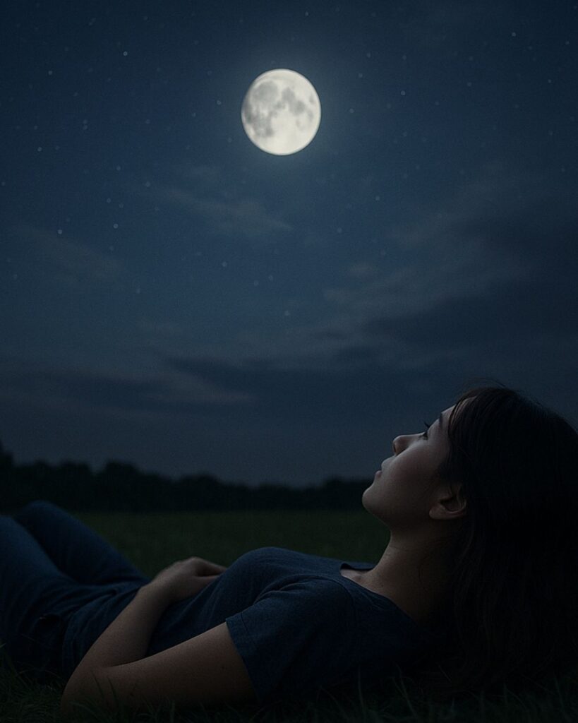 わたぼうし短歌帖「音もなき ひとり夜空に 寝転んで
静けさほつれて 月がおしゃべり」短歌イメージ画像