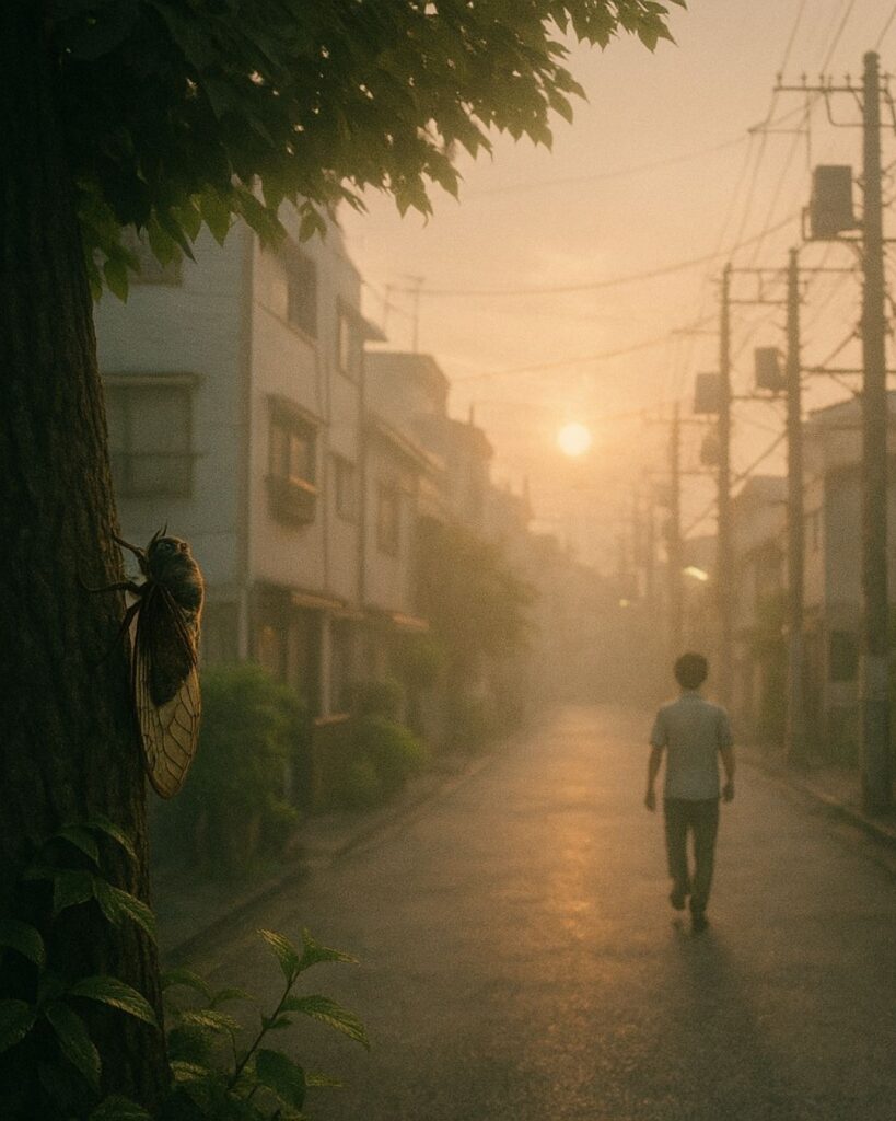 わたぼうし短歌帖「夕日待ち 蝉の叫びは もやにとけ
響く息吹に 影をかさねて」短歌イメージ画像