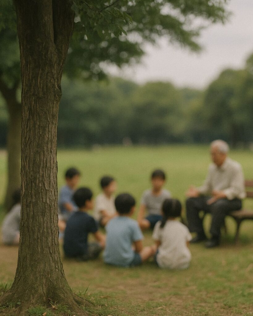 末吉俳句日記「終戦の日　苦み飲み込む　語り部かな」俳句イメージ画像