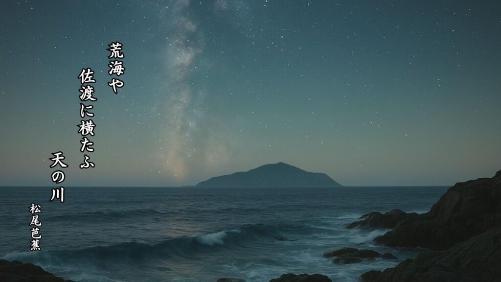 秋の天文季語12選-有名俳人の句で知る季節のことば「天の川」『荒海や 佐渡に横たふ 天の川』「松尾芭蕉」の俳句のイメージイラスト画像