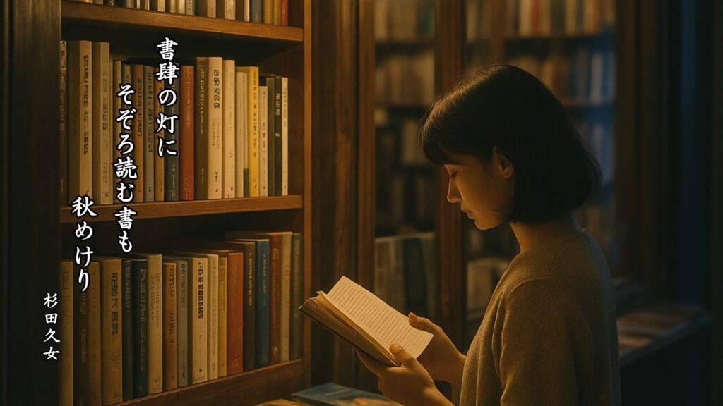 秋の時候季語12選-有名俳人の句で知る季節のことば「秋めく」『書肆の灯に そぞろ読む書も 秋めけり』「杉田久女」の俳句のイメージイラスト画像