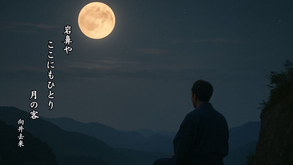 秋の人事季語12選-有名俳人の句で知る季節のことば「月見」『岩鼻や　ここにもひとり　月の客』「向井去来」の俳句のイメージイラスト画像