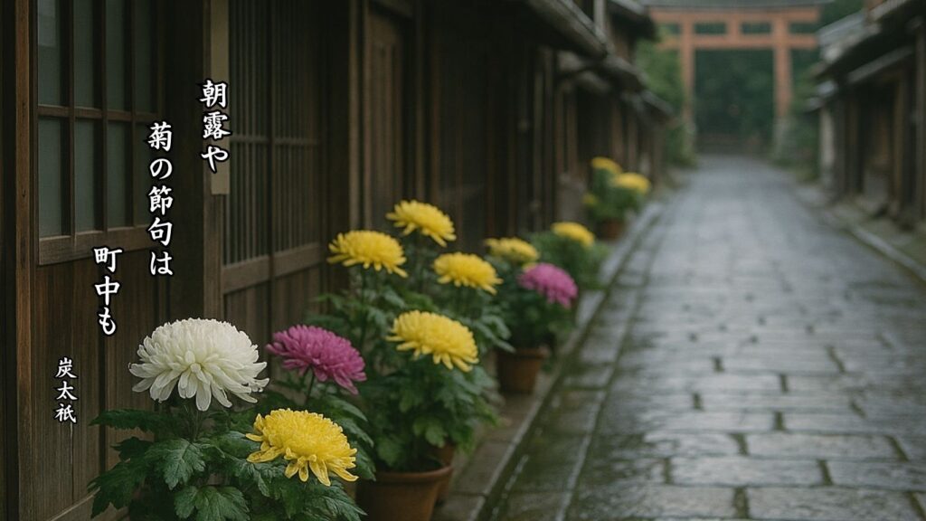 秋の行事季語12選-有名俳人の句で知る季節のことば「重陽」『朝露や 菊の節句は 町中も』「炭太祇」の俳句のイメージイラスト画像