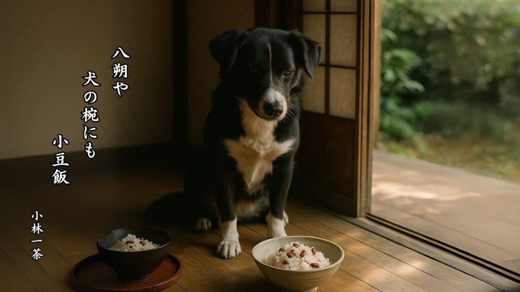 秋の時候季語12選-有名俳人の句で知る季節のことば「八朔」『八朔や 犬の椀にも 小豆飯』「小林一茶」の俳句のイメージイラスト画像