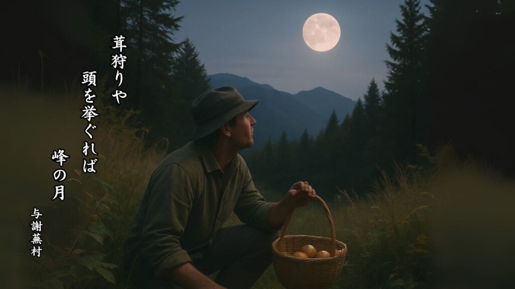 秋の人事季語12選-有名俳人の句で知る季節のことば「茸狩」『茸狩りや　頭を挙ぐれば　峰の月』「与謝蕪村」の俳句のイメージイラスト画像