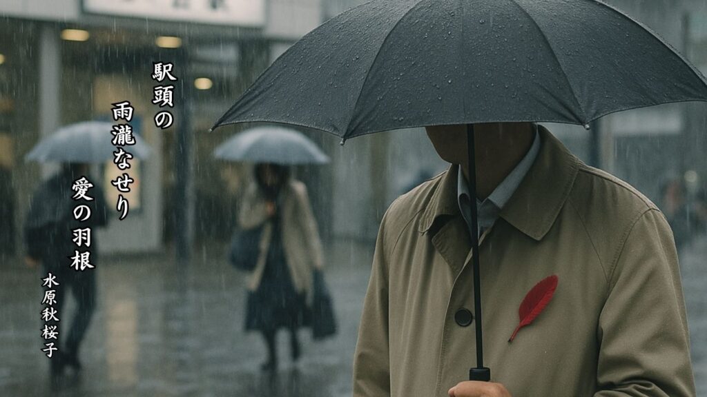 秋の行事季語12選-有名俳人の句で知る季節のことば「赤い羽根」『駅頭の 雨瀧なせり 愛の羽根』「水原秋桜子」の俳句のイメージイラスト画像