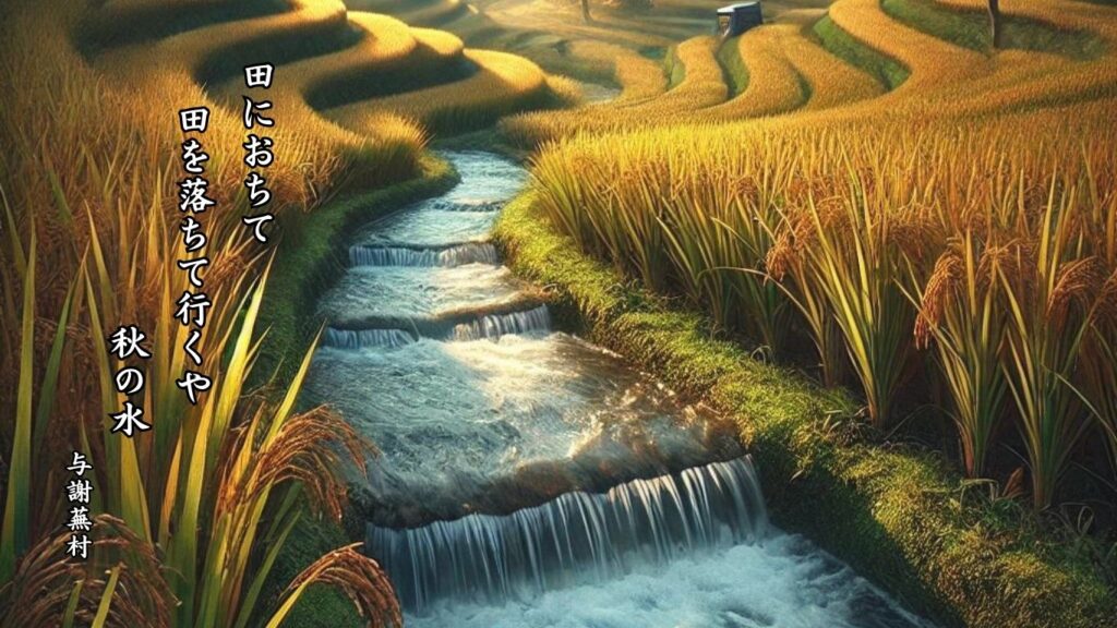 秋の地理季語12選-有名俳人の句で知る季節のことば「秋の水」『田におちて　田を落ちて行くや　秋の水』「与謝蕪村」の俳句のイメージイラスト画像