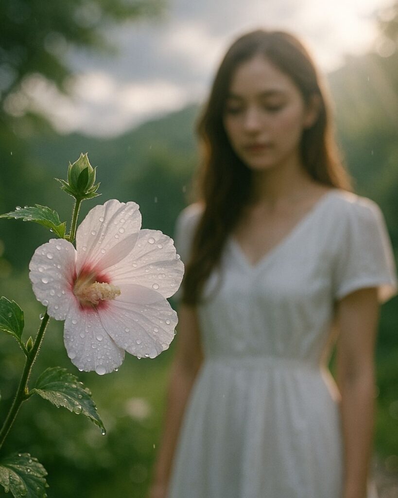 わたぼうし短歌帖「あさぼらけ 雨情ほころぶ 芙蓉花
夕べしぼめて 夢は淡雪」短歌イメージ画像