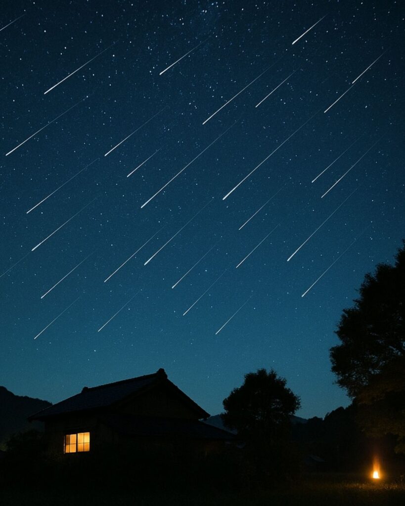 わたぼうし短歌帖「落つる星　迎火のごと　燃えしのち
闇にとどまる　ひかりの記憶」短歌イメージ画像