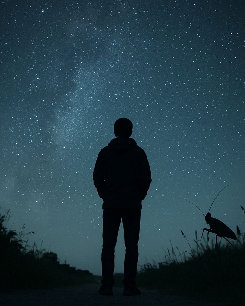 わたぼうし短歌帖「空仰ぎ　星とこおろぎ　語らえば
ほどけし心　夜にしずもる」短歌イメージ画像