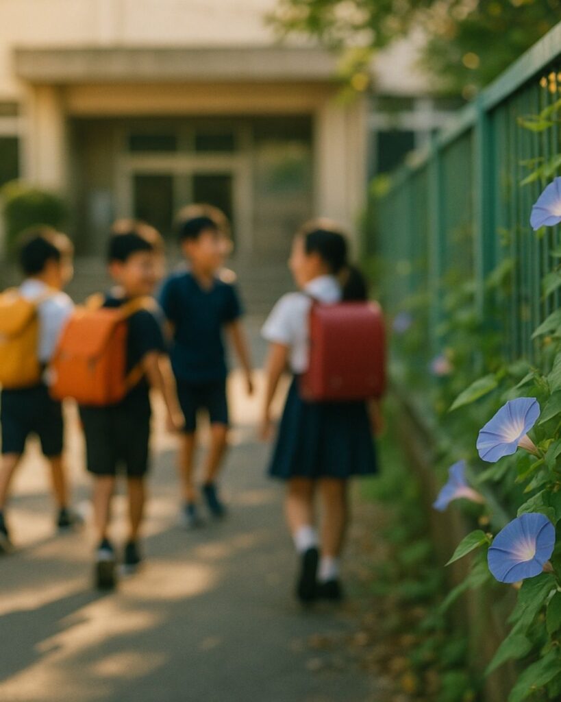 わたぼうし短歌帖「八月の　色をしずめし　朝顔に
子らの笑みには　秋風そよぐ」短歌イメージ画像