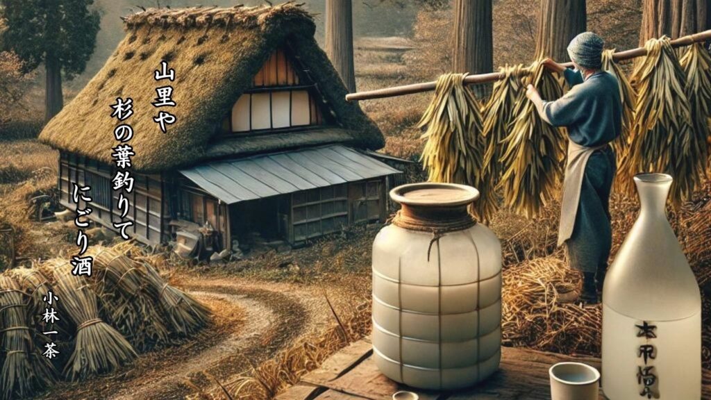 秋の人事季語12選-有名俳人の句で知る季節のことば「濁酒」『山里や　杉の葉釣りて　にごり酒』「小林一茶」の俳句のイメージイラスト画像