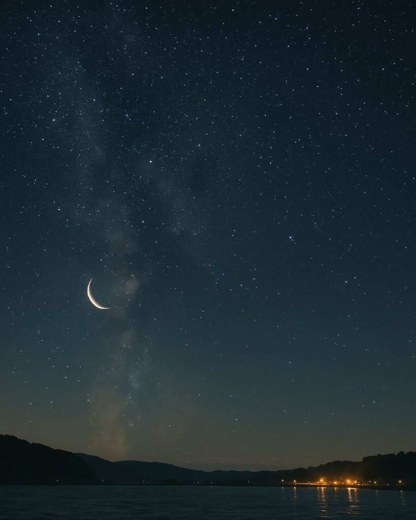 わたぼうし短歌帖「星まつり 眉月そいて 澄む夜空
逢瀬しのべば ひと夜の夢に」短歌イメージ画像