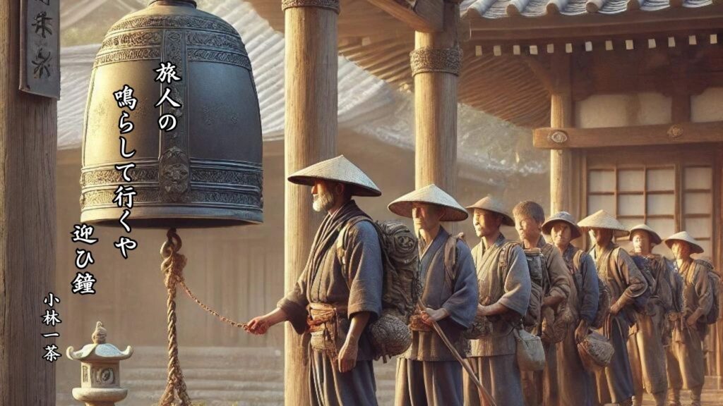 秋の行事季語12選-有名俳人の句で知る季節のことば「迎鐘」『旅人の 鳴らして行くや 迎ひ鐘』「水原秋桜子」の俳句のイメージイラスト画像