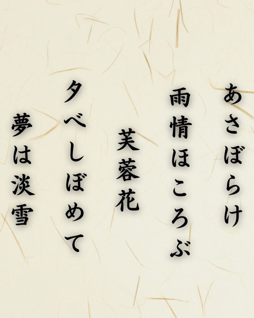 わたぼうし短歌帖「あさぼらけ 雨情ほころぶ 芙蓉花
夕べしぼめて 夢は淡雪」短歌テキスト画像