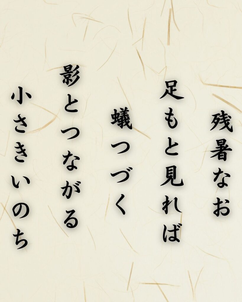 わたぼうし短歌帖「残暑なお　足もと見れば　蟻つづく
影とつながる　小さきいのち」短歌テキスト画像