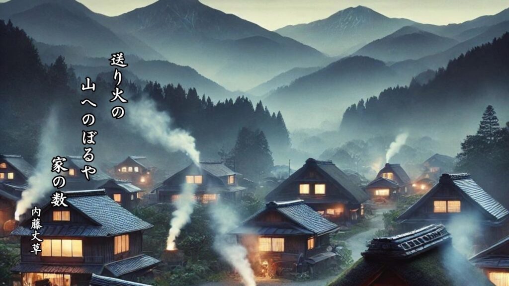 秋の行事季語12選-有名俳人の句で知る季節のことば「送り火」『送り火の 山へのぼるや 家の数』「内藤丈草」の俳句のイメージイラスト画像