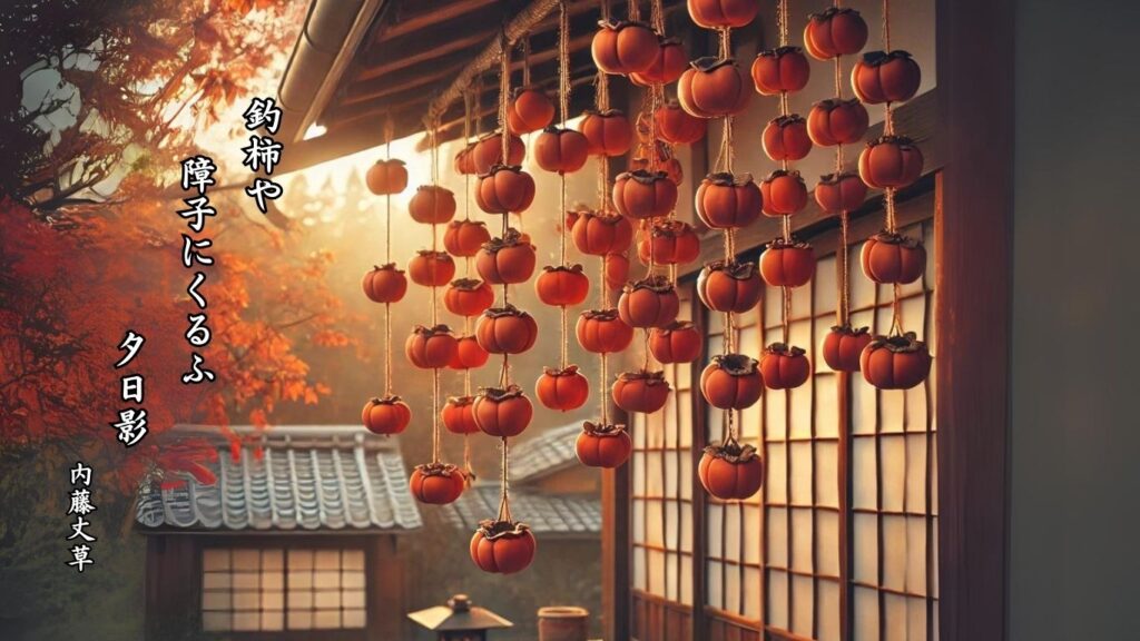 秋の人事季語12選-有名俳人の句で知る季節のことば「干柿」『釣柿や　障子にくるふ　夕日影』「内藤丈草」の俳句のイメージイラスト画像