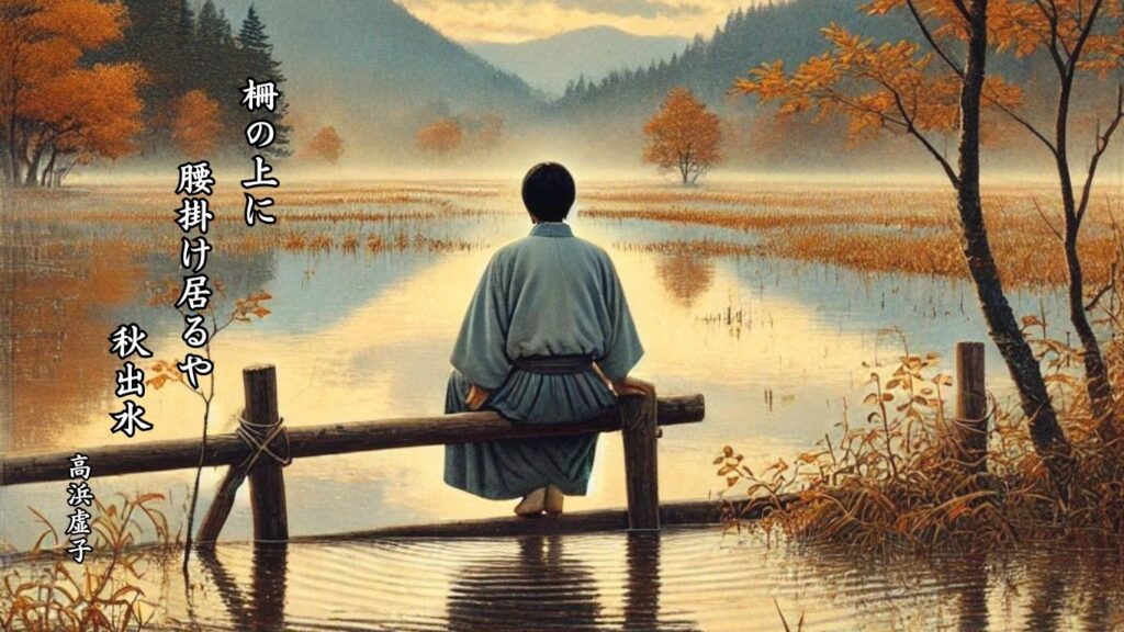 秋の地理季語12選-有名俳人の句で知る季節のことば「秋出水」『柵の上に　腰掛け居るや　秋出水』「高浜虚子」の俳句のイメージイラスト画像