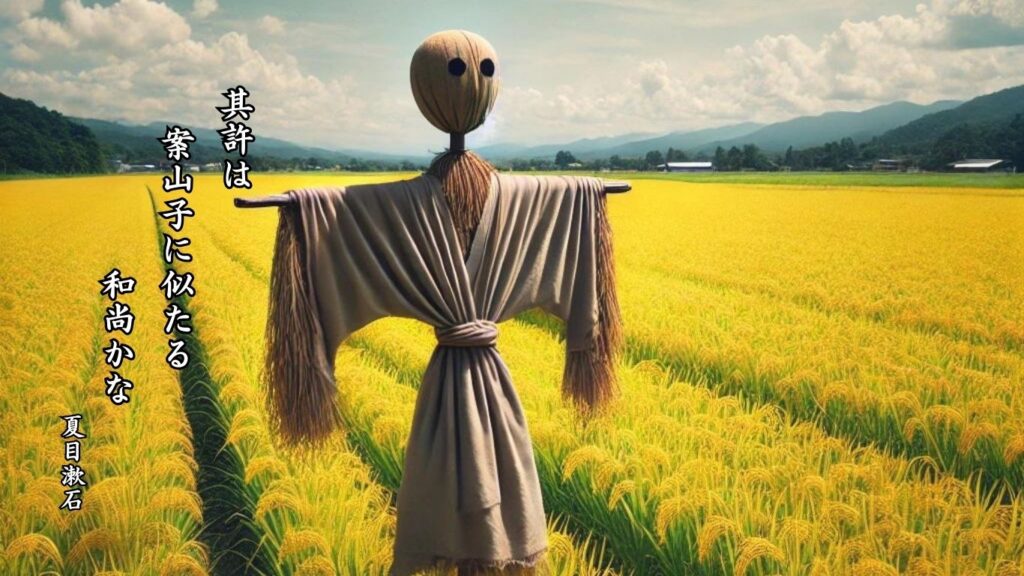 秋の人事季語12選-有名俳人の句で知る季節のことば「案山子」『其許は　案山子に似たる　和尚かな』「夏目漱石」の俳句のイメージイラスト画像