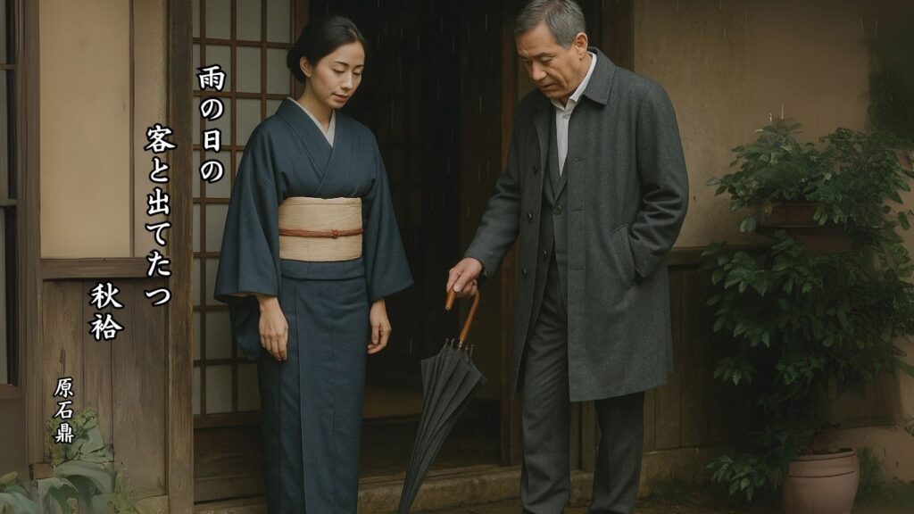秋の人事季語12選-有名俳人の句で知る季節のことば「秋袷」『雨の日の　客と出てたつ　秋袷』「原石鼎」の俳句のイメージイラスト画像