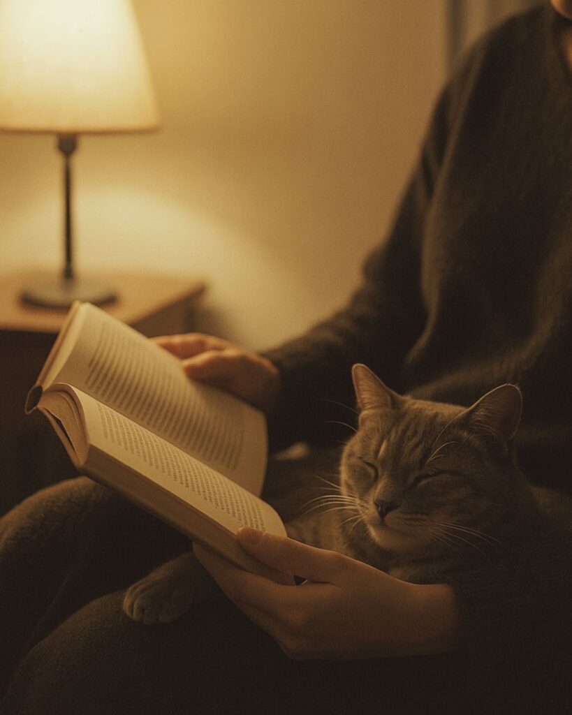 末吉俳句日記「膝の猫　寝息にまかせ　夜長読む」俳句イメージ画像