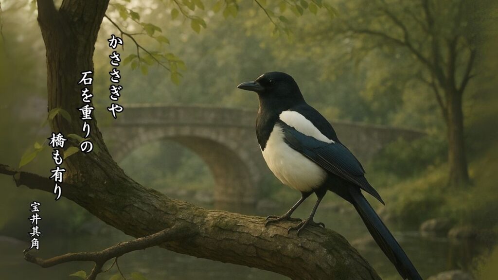 秋の動物季語12選-有名俳人の句で知る季節のことば「鵲」『かささぎや 石を重りの 橋も有り』「宝井其角」の俳句のイメージイラスト画像