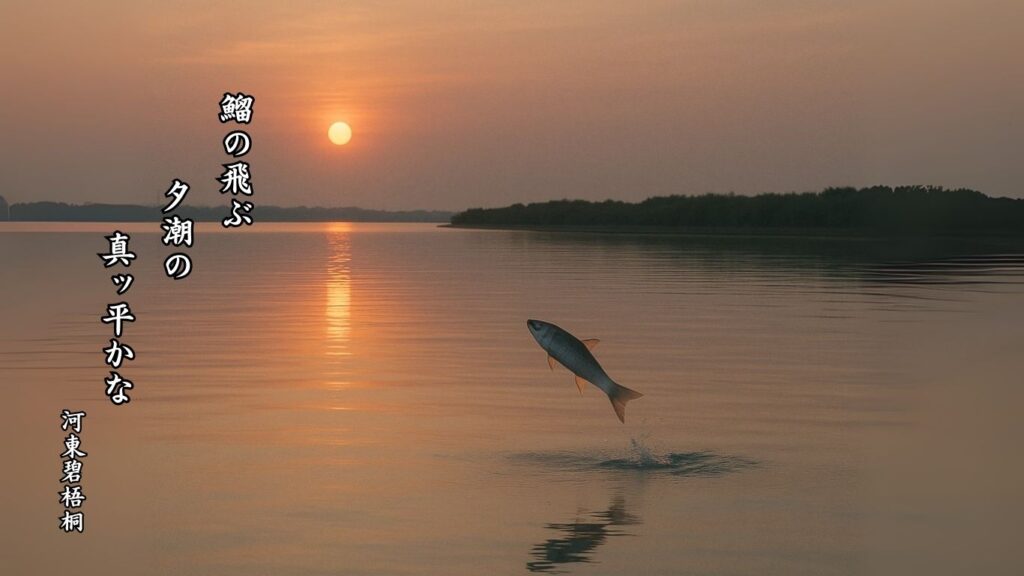 秋の動物季語12選-有名俳人の句で知る季節のことば「鰡」『鰡の飛ぶ 夕潮の真ッ平かな』「河東碧梧桐」の俳句のイメージイラスト画像