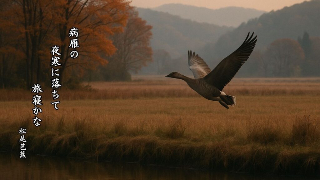 秋の動物季語12選-有名俳人の句で知る季節のことば「雁来る」『病雁の 夜寒に落ちて 旅寝かな』「松尾芭蕉」の俳句のイメージイラスト画像