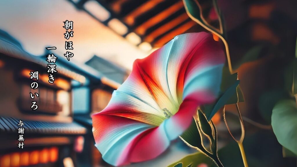 秋の植物季語12選-有名俳人の句で知る季節のことば「朝顔」『朝がほや 一輪深き 淵のいろ』「与謝蕪村」の俳句のイメージイラスト画像