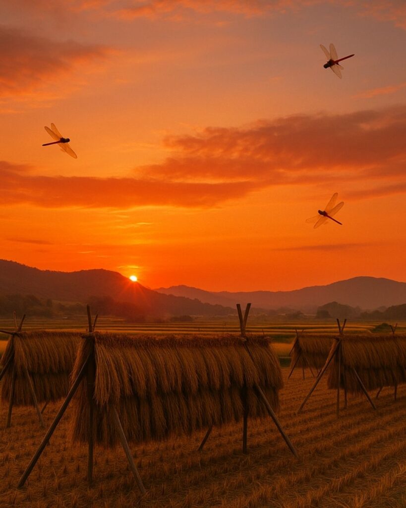 わたぼうし短歌帖「夕焼けを 稲架の香ひろぎ 蜻蛉舞う
調べ澄めりて 明日をぞ占ふ」短歌イメージ画像